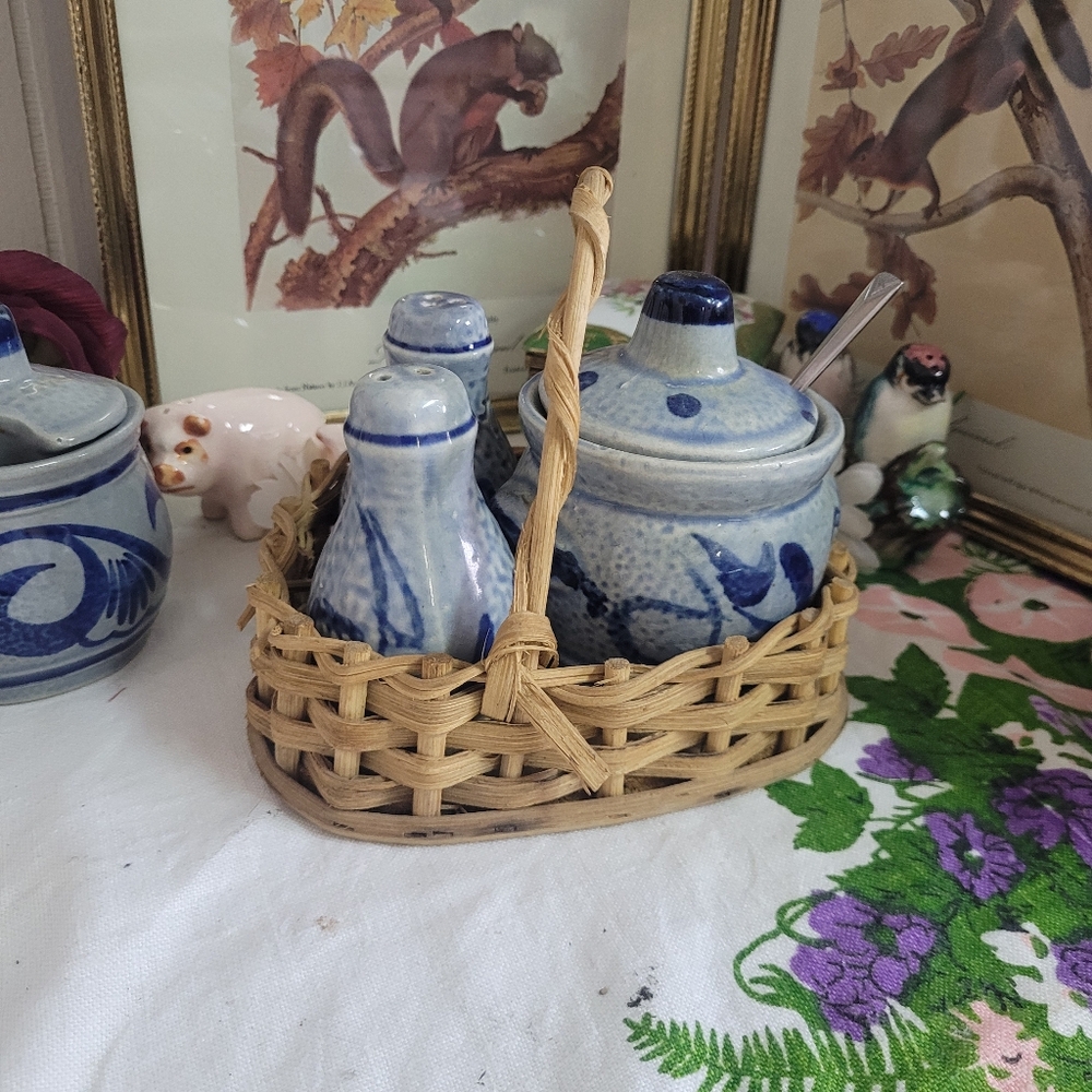 Vintage Salt Pepper and Sugar Set Salt Glazed Blue With Wicker Basket